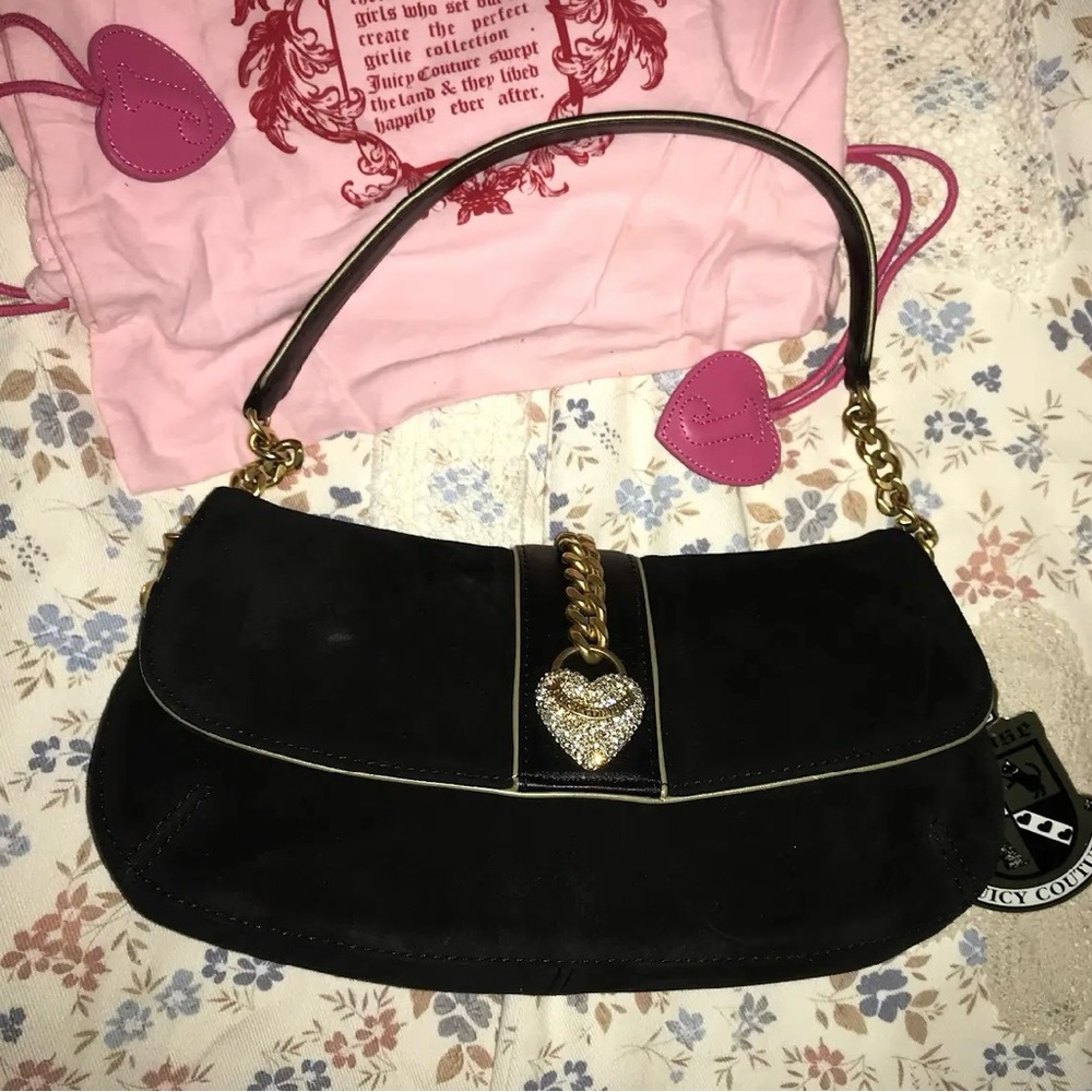 Juicy Couture Black Suede Shoulder Bag Gold Accents Y2K W/ Dust Bag NWT VINTAGE